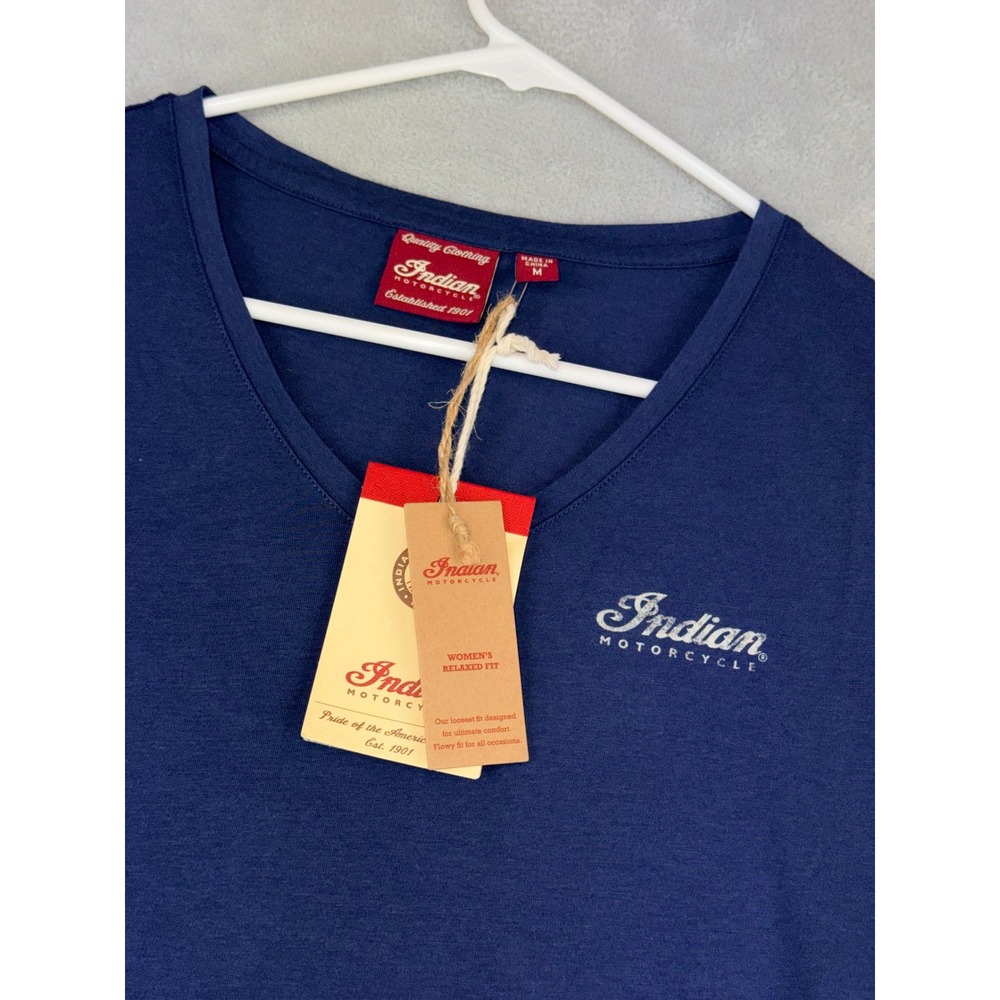 Indian Motorcycle Womens Med USA Flag Logo Tee Navy Blue‎ Relaxed Fit V-Neck New